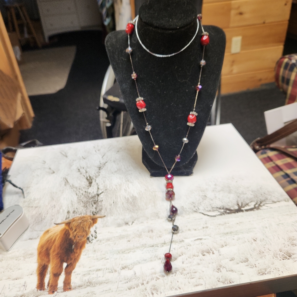 Gunmetal And Red AB Necklace